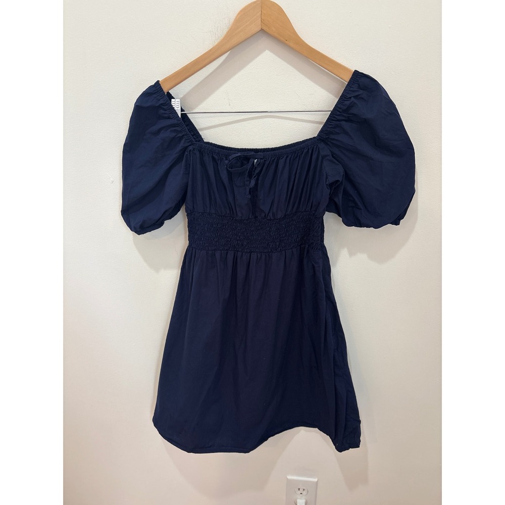 Faithfull The Brand Navy Blue Cotton Smocked Milkmaid Mini Dress Puff Sleeve S 4